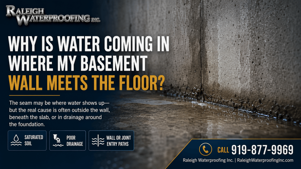 Water seeping where a basement foundation wall meets the concrete floor in a Raleigh home Basement Wall-Floor Joint Leak in Raleigh