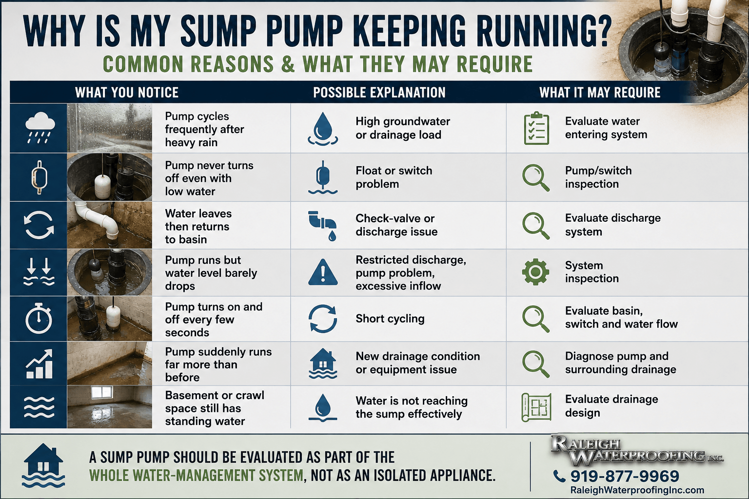 Infographic showing common reasons a sump pump keeps running, including heavy rain, float switch problems, discharge issues, short cycling, and drainage system concerns.