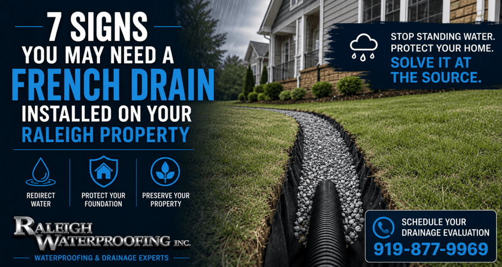 French drain installation Raleigh NC banner showing a real French drain trench with gravel and pipe for yard drainage and foundation water control