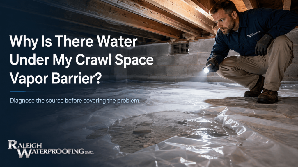 Raleigh Waterproofing banner showing a professional inspecting standing water beneath a crawl space vapor barrier in a Raleigh, NC home.
