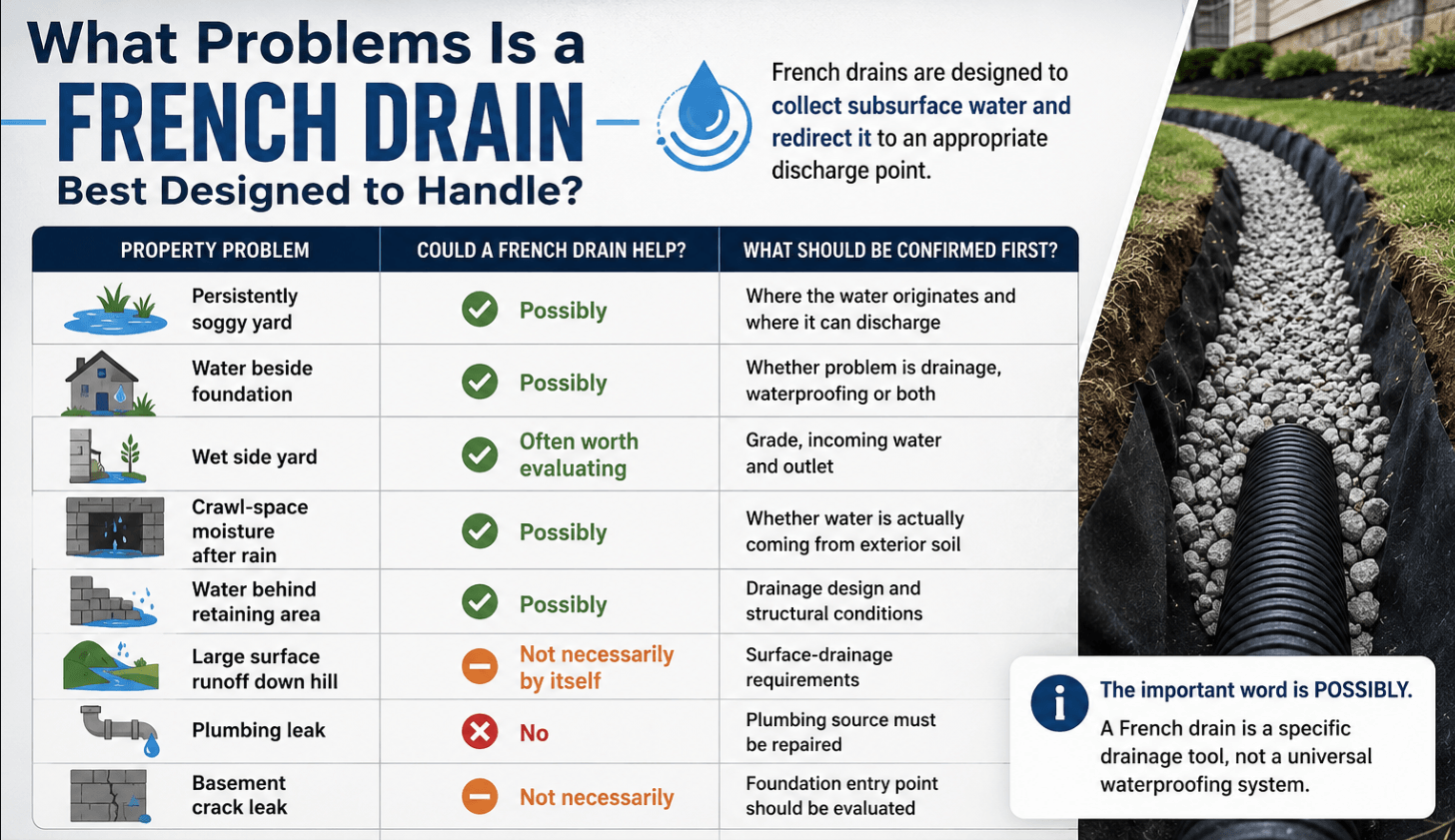 Infographic showing which property drainage problems may benefit from a French drain, including soggy yards, water beside foundations, wet side yards, crawl-space moisture, retaining-area water, runoff, plumbing leaks, and basement crack leaks.