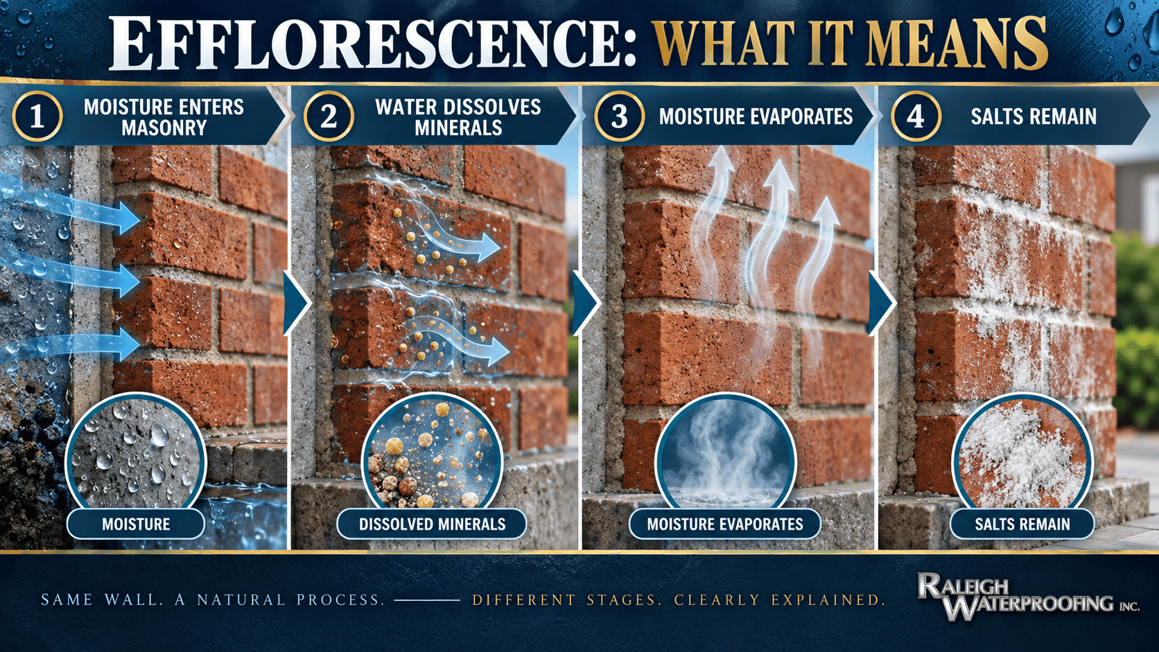 Infographic explaining how efflorescence forms on basement walls