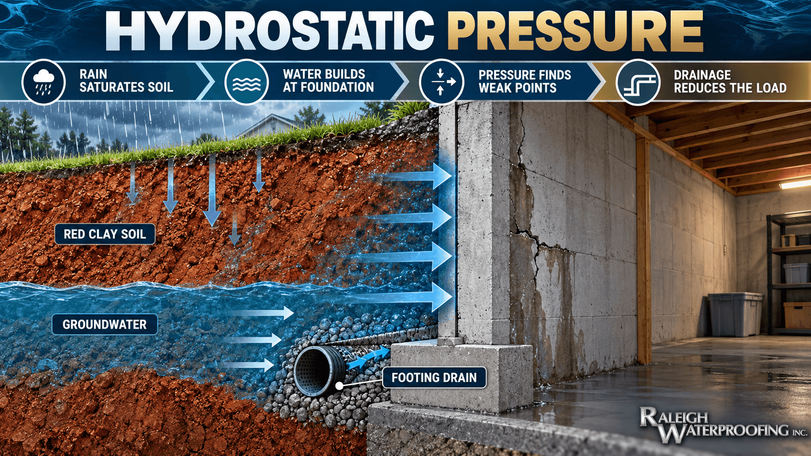 Hydrostatic pressure infographic showing rain saturating Raleigh soil, water building against a foundation, and drainage reducing water pressure