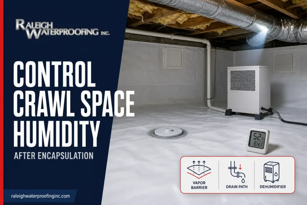 Encapsulated crawl space humidity control with vapor barrier, dehumidifier, and drain access.