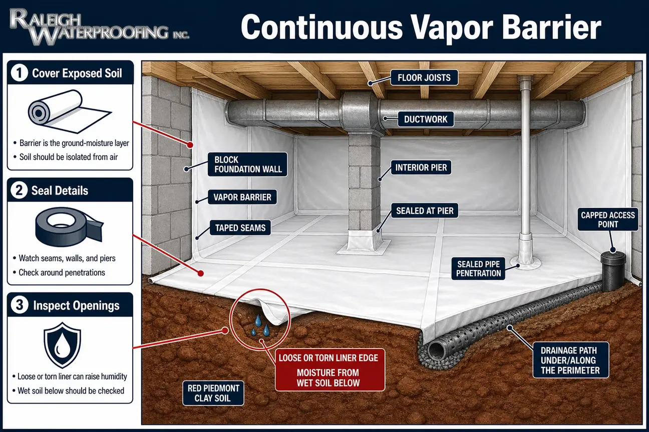 Cross-section of an encapsulated crawl space with sealed vapor barrier and drainage path.
