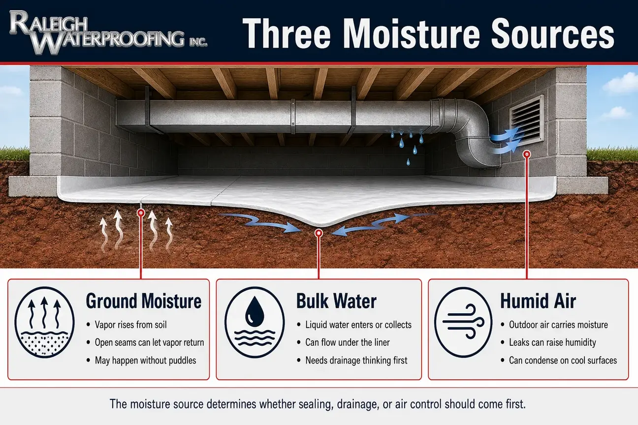 Infographic comparing ground moisture, bulk water, and humid air in a crawl space.