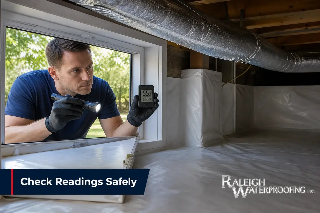 Homeowner checking crawl space humidity with a hygrometer near ductwork from the access opening.